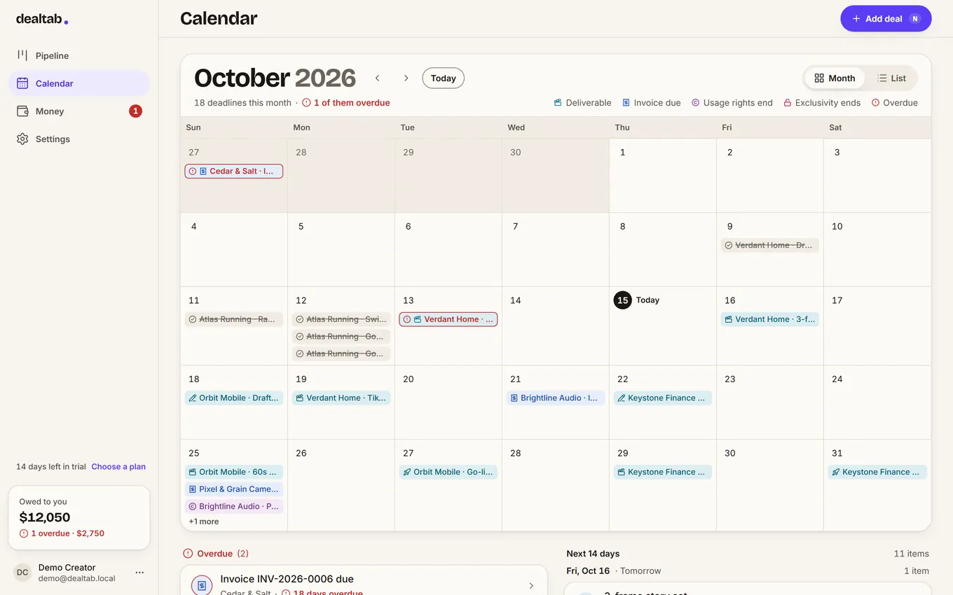 Calendar for October 2026 with demo data: deliverables, invoice due dates and usage-rights ends; one overdue reel outlined in red.
