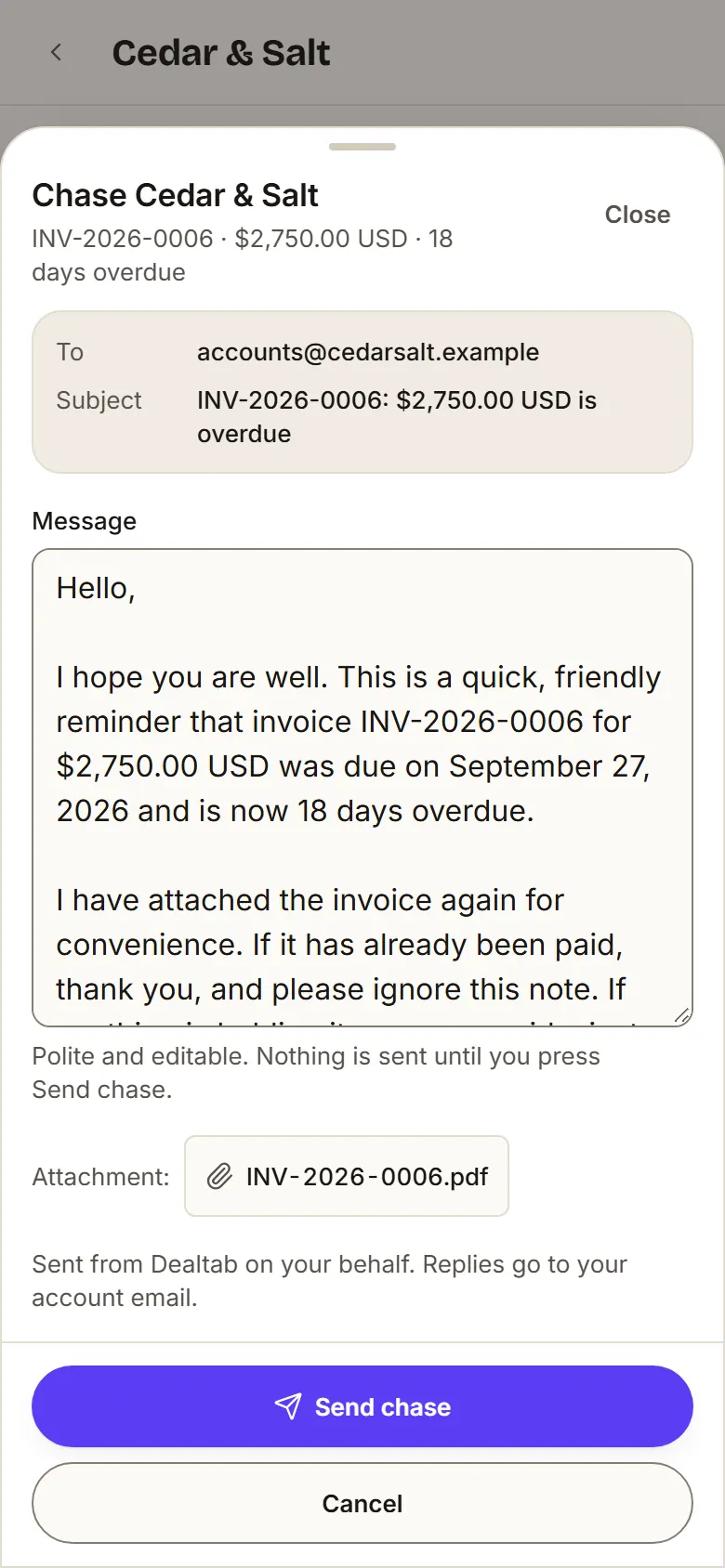 A polite chase email to Cedar & Salt (demo data), drafted with the invoice PDF attached and a Send chase button; beside it, the 14-days-overdue reminder email Dealtab sends to the creator.