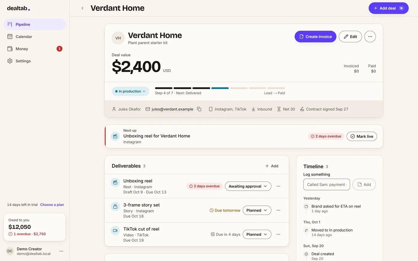 Deal page for Verdant Home (demo data): $2,400, In production, net 30; next up the overdue unboxing reel; three deliverables and a timeline.